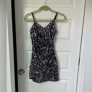 Lulus Faux Wrap Sequin Mini Dress - Black, Purple, Silver Sz: XS